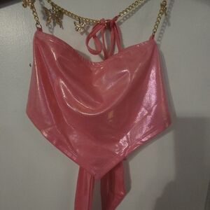 SHEIN Pink Halter Top with Gold Chain Accents